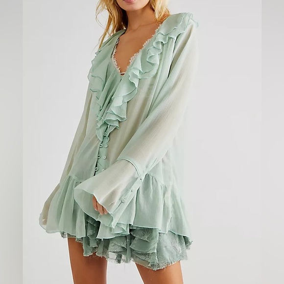Free People Tops - Free People Callie Sheer Flowy Light Green Ruffled Tunic Blouse Boho Drapey Chic